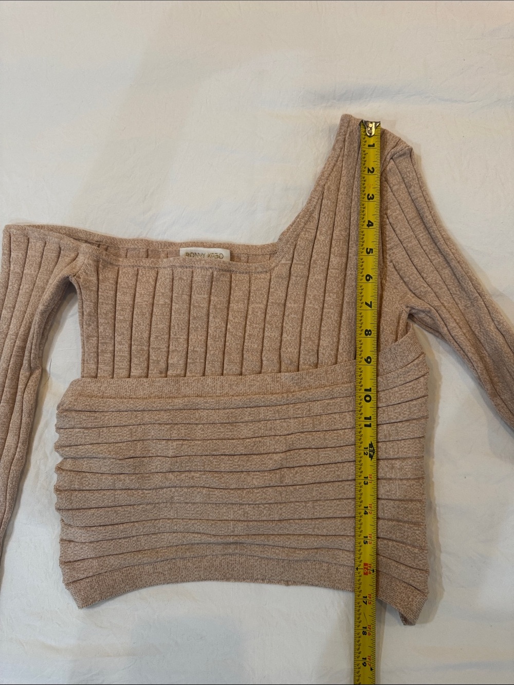Ronny Kobo Rosette Oatmeal Asymmetrical Wrap Ribbed Knit Crop Top Neutral Date - Picture 11 of 13